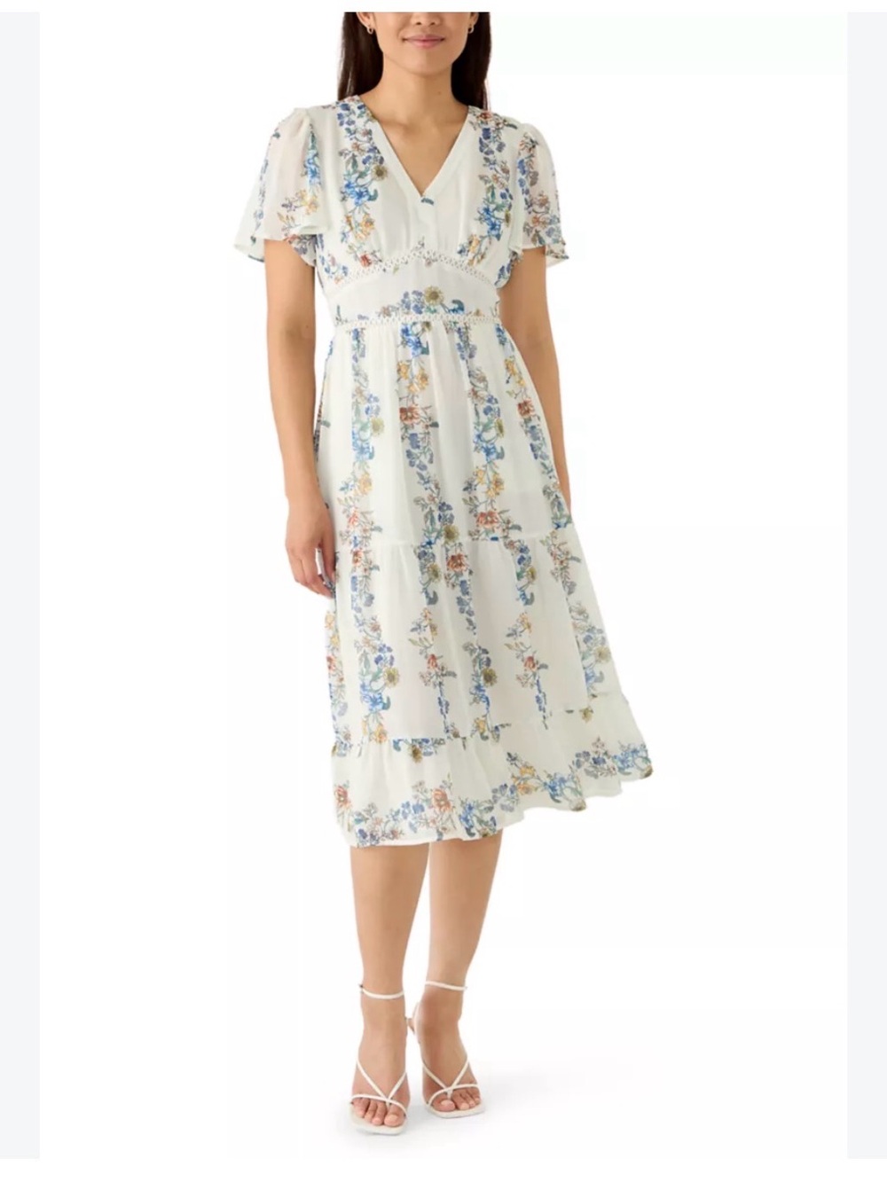 Wonderly Floral Boho Tiered Midi Dress Sz L NWOT Flutter Sleeve